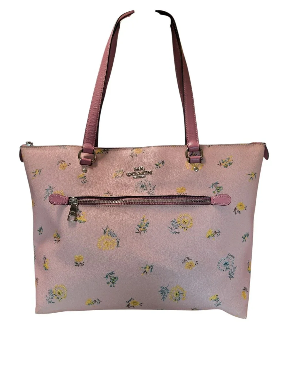 Coach Coated Canvas Gallery Tote Pink Yellow Dandelion Floral Print Bag & Wallet